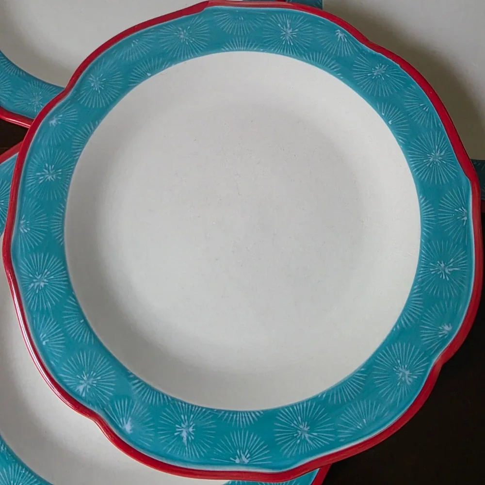 The Pioneer Woman Happiness Teal Red Dinner Plates Set of 4 Scalloped Stoneware
